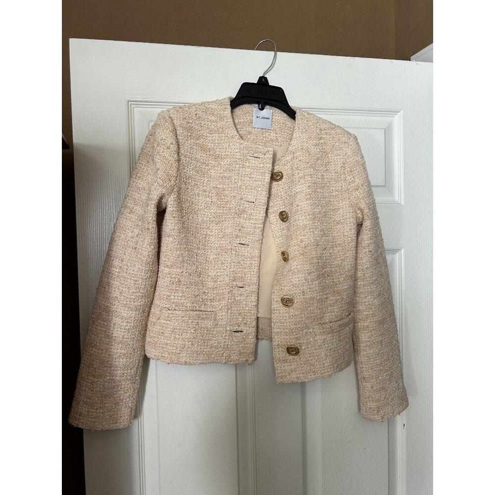St. John pink and cream cropped tweed jacket gold swirl buttons Size 2